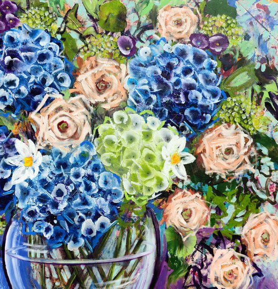Blue Hydrangea and Roses
