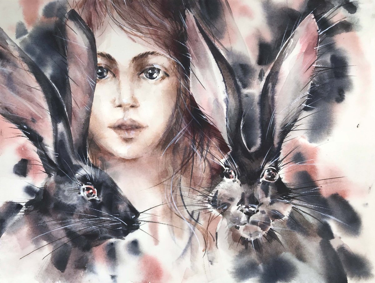Impressionistic Portrait Watercolour By Galina Poloz, 15 X 11, Black Rabbits., Original Artwork