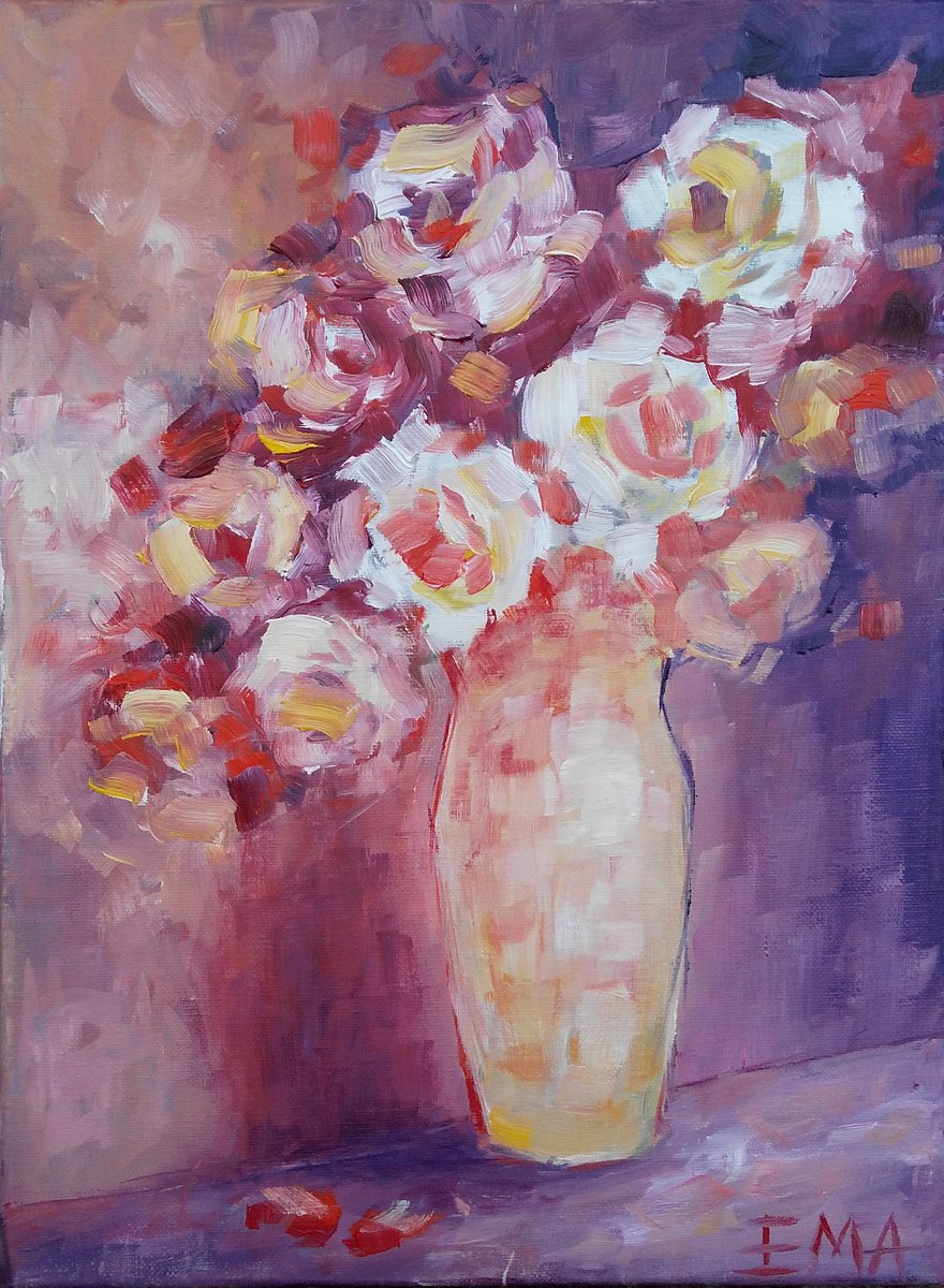 INNOCENCE OR SIN, 30x40cm, blooming roses oil floral painting by Emilia Milcheva
