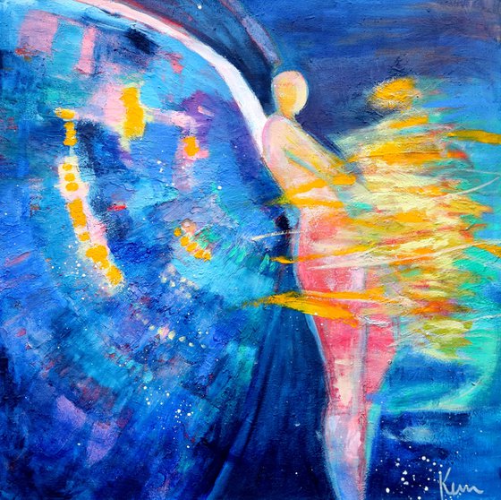 Led By a Pillar of Fire 24x24" Blue Colorful Abstract Angel Figure Painting