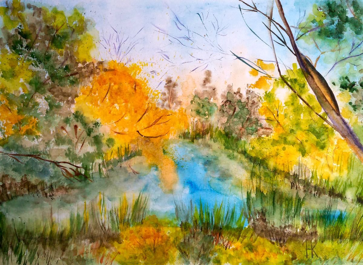 autumn original impressionistic watercolor landscape Listen autumn by Halyna Kirichenko