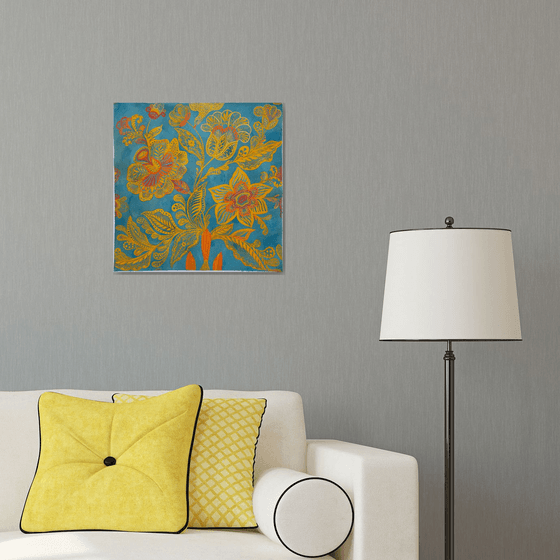 Flower modern, golden flower on a turquoise background