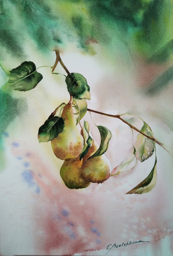 Pears  - juicy pears on a branch,  painting for dining room