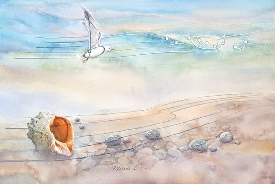 The Melody of the Surf /  ORIGINAL watercolor. Morning seascape