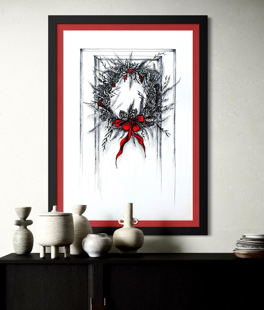Illustrative Botanical Ink Drawing By Maria Tuzhilkina, 11 X 17", Christmas Wreath With A Red Ribbon, Original Artwork