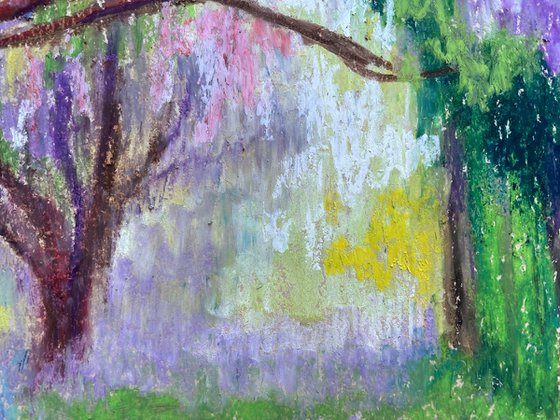 Garden Original Painting, Purple Tree Oil Pastel Drawing, Floral Wall Art, Gift for Her