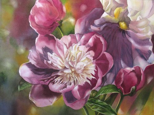 Peony with iris by Alfred  Ng