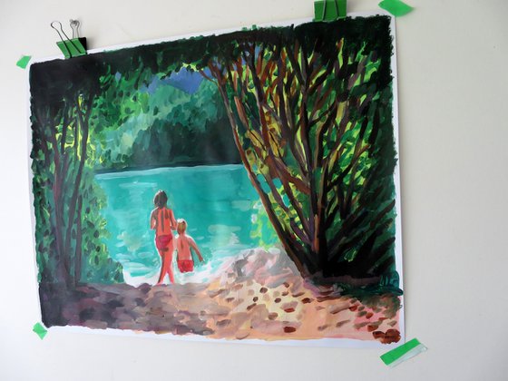 lake scene with bathers