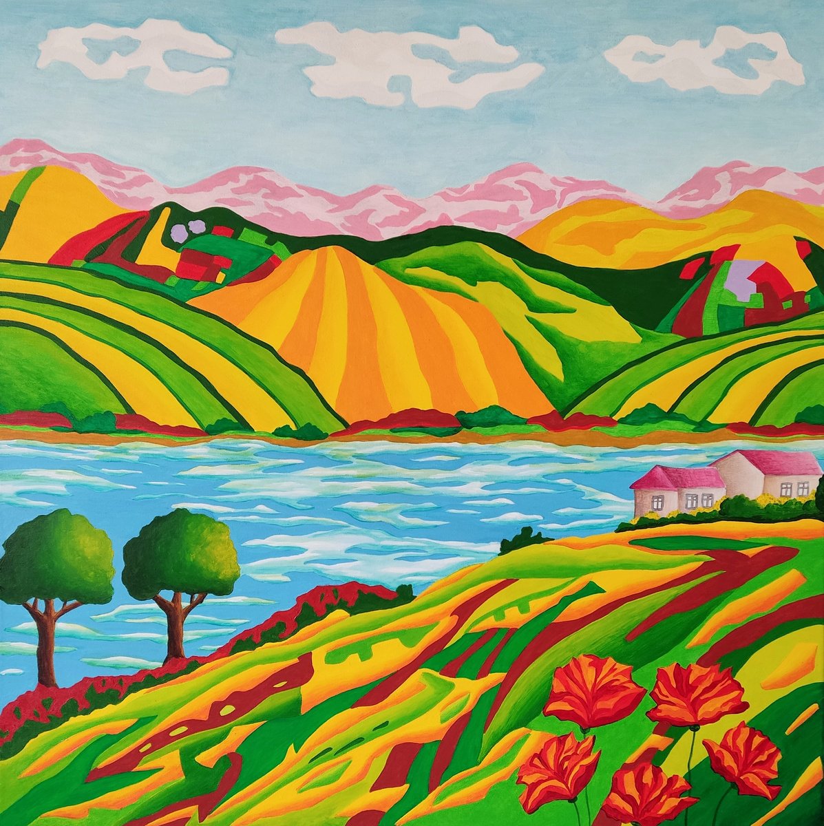 Urban And Pop Landscape Acrylic Painting By Vamosi Peter, 31 X 31", Fairyland 4., Original Artwork