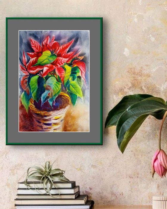 Red Flowers Poinsettia in a Pot Original Watercolor Painting Christmas Flower Aquarelle