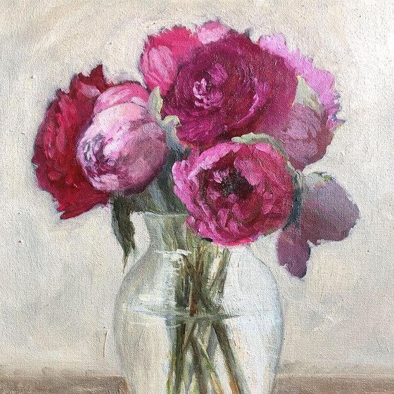 Peonies in Vase Flower Still Life Oil Painting