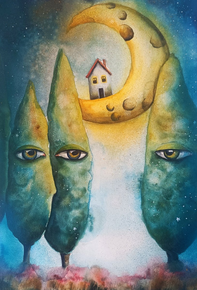 Surrealistic Landscape Painting By Evgenia Smirnova, 15 X 22, Whispering Trees, Original Artwork