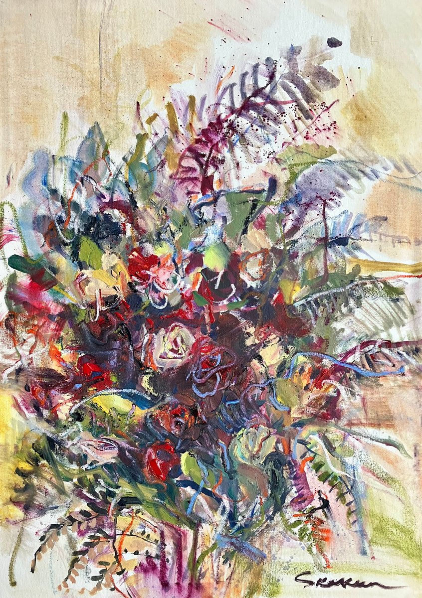 Expressive Botanical Oil Painting By Mari Skakun, 20 X 28", March Bouquet, Original Artwork