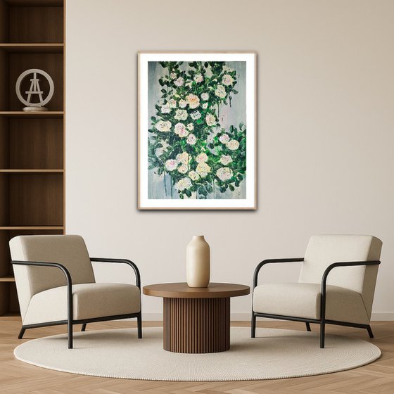 Blooming abstract rose garden in pale yellow