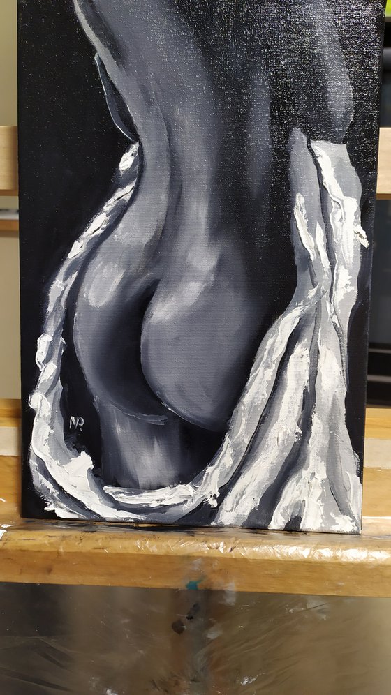 First time, small nude erotic oil painting, black and white woman art