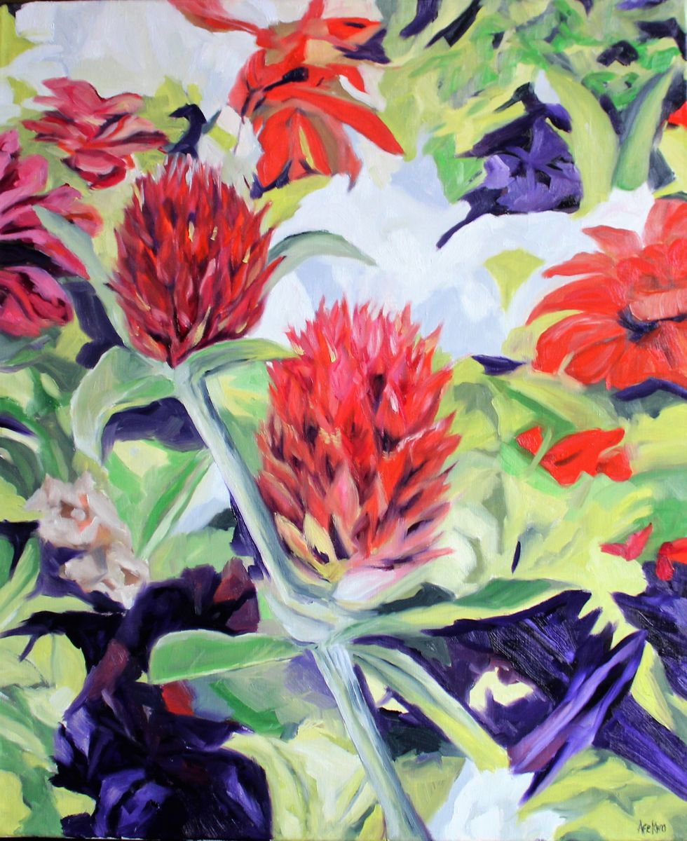 Impressionistic Botanical Oil Painting By Afekwo, 22 X 25, My Summer Garden, Original Artwork