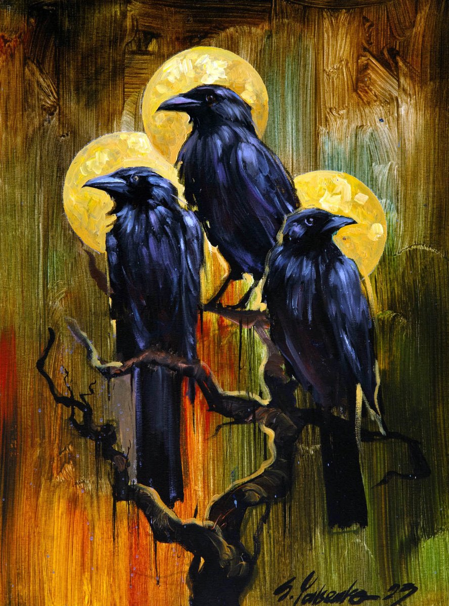 Expressive Animal Oil Painting By Sergei Yatsenko, 18 X 24", Ravens, Original Artwork