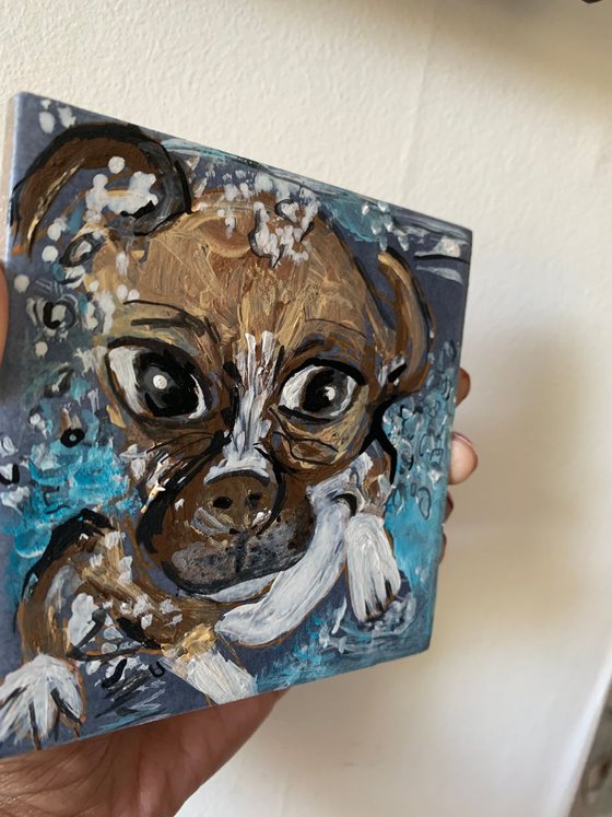 Pets Portrait Acrylic Painting of Dog Underwater Catch Tennis Ball Fun Art Home Decor Gift Ideas