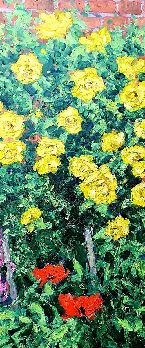 yellow roses with poppies and foxgloves by Colin Ross Jack