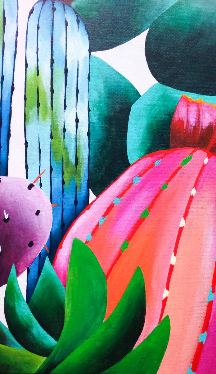Expressive Botanical Acrylic Painting By Christina Bilbili, 28 X 35, Cactus, Original Artwork