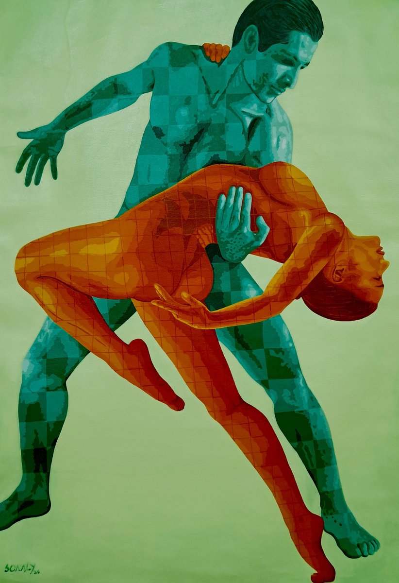 Expressive Portrait Acrylic Painting By Sonaly Gandhi, 34 X 52", Dancing Couple 2, Original Artwork