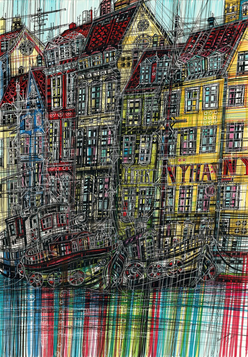 Impressionistic Cityscapes Drawing By Maria Susarenko, 24 X 33", Nyhavn. Copenhagen, Original Artwork