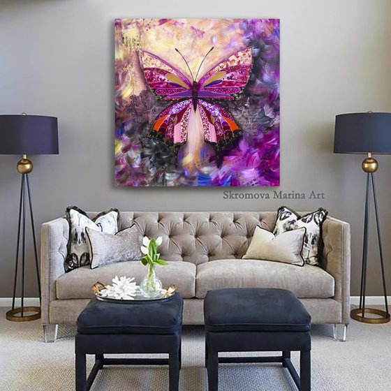 PINK PASSION - Modern pink butterfly. Steampunk style butterfly. Beautiful butterfly. Magic butterfly. Unusual wings. Flight. Crystals. Gold.