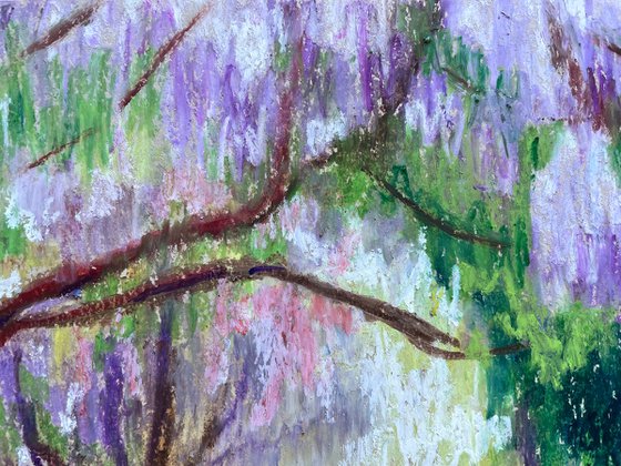 Garden Original Painting, Purple Tree Oil Pastel Drawing, Floral Wall Art, Gift for Her