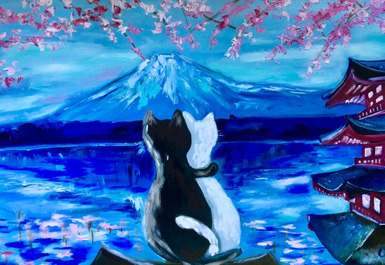 Cats in Japan Travel to Japan in spring, blooming Sakura , Mount Fuji , romantic evening.