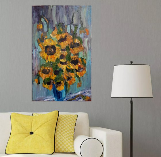 Sunflowers(77x44cm, oil painting,  ready to hang)