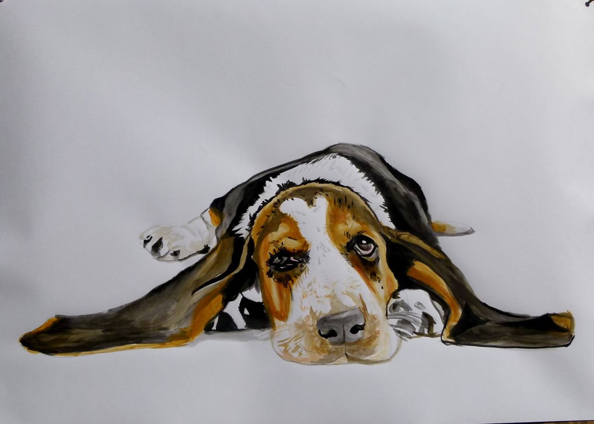 Photorealistic Animal Acrylic Painting By Soso Kumsiashvili, 33 X 24", Basset Hound, Original Artwork