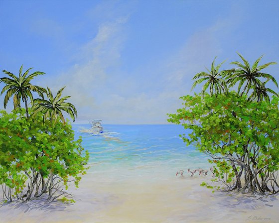 TROPICAL PARADISE. Florida Beach and Fishing Boat Painting.