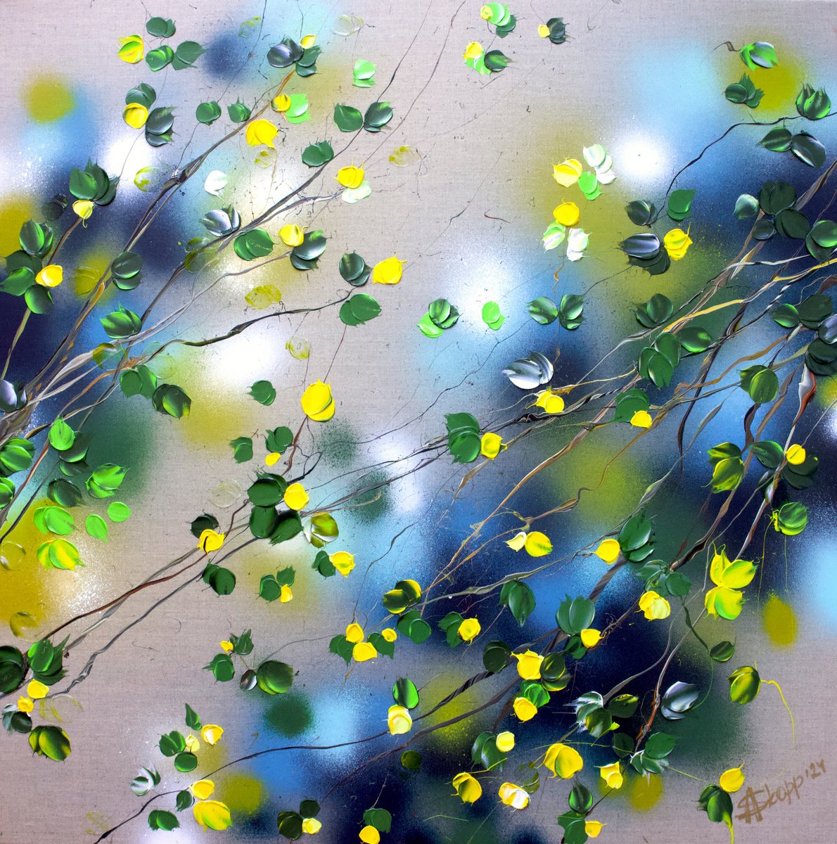 Expressive Botanical Acrylic Painting By Anastassia Skopp, 31 X 31, Some Yellow Flowers, Original Artwork