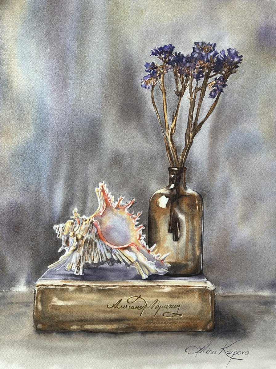Photorealistic Still Life Watercolour By Alina Karpova, 12 X 16, Still Life With Book And Shell, Original Artwork