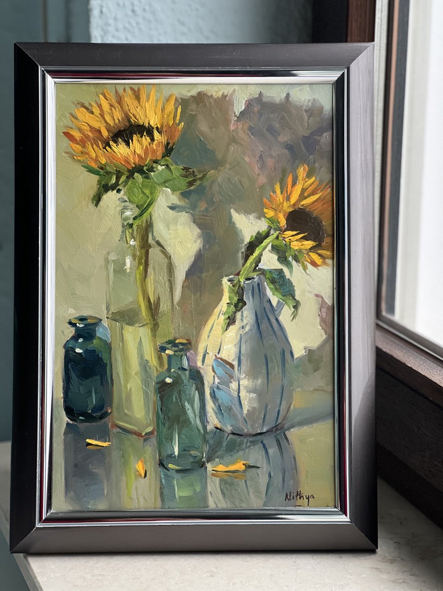 Expressive Still Life Oil Painting By Nithya Swaminathan, 10 X 14", Sunflowers And Colorful Shadows, Original Artwork