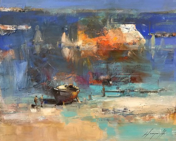 Boats on the Shore, Original oil painting, Handmade artwork, One of a kind