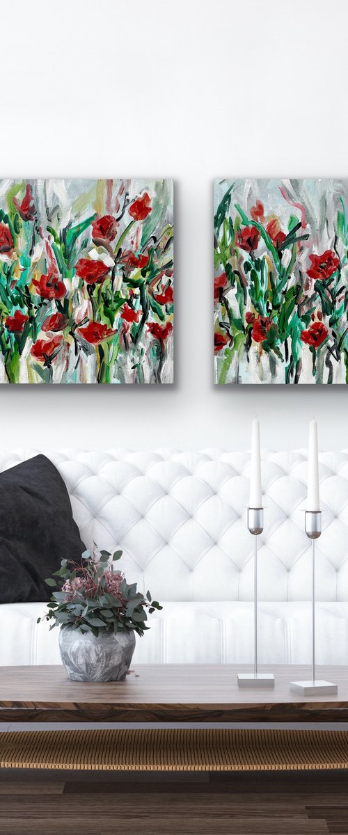 Crimson Red Spring Blooms - Diptych by Pooja Verma