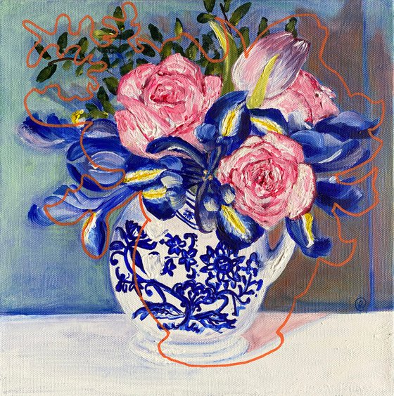 Pink roses, irises and blue