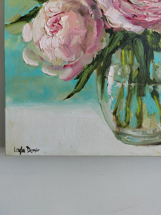 Pink and white peonies bouquet oil painting original still life 12x12"