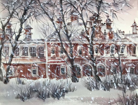 Old manor in winter. one of a kind, gift, original painting.