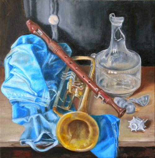 Still life with instruments and glass by Zoltán Csomós