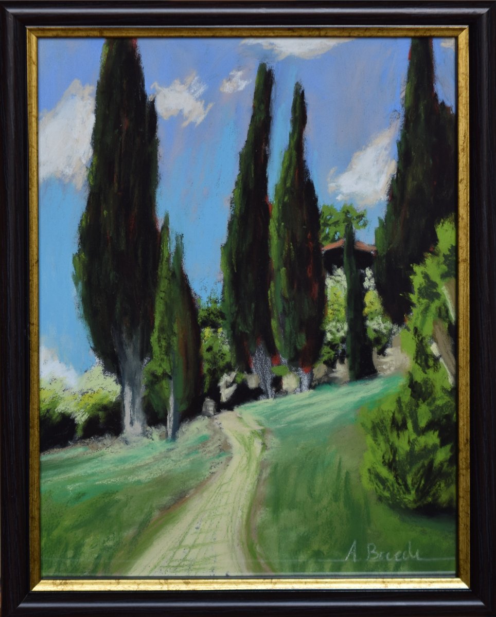 Impressionistic Pastel Drawing , Tuscan Cypress Trees By Andrea Bocedi, 7 X 10, Artwork For Sale On Artfinder