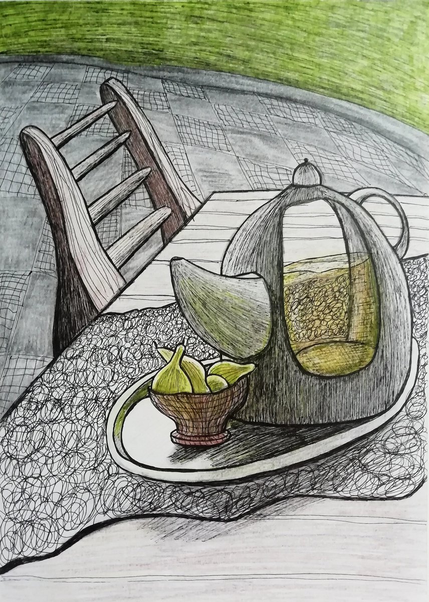 A weird teapot and small green pears. by Anna Reshetnikova