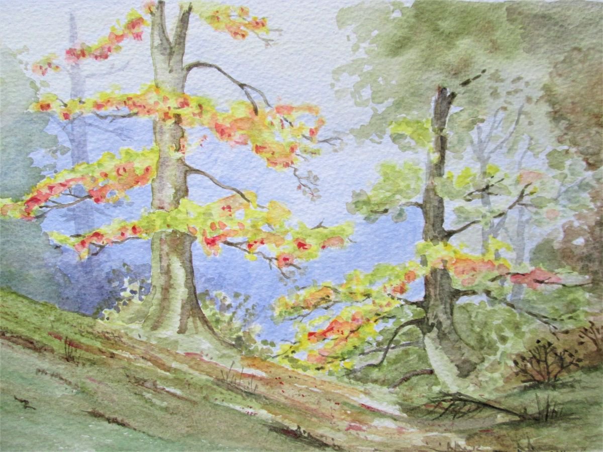 Expressive Landscape Watercolour By Marjansart, 12 X 8", Autumn Trees, Original Artwork