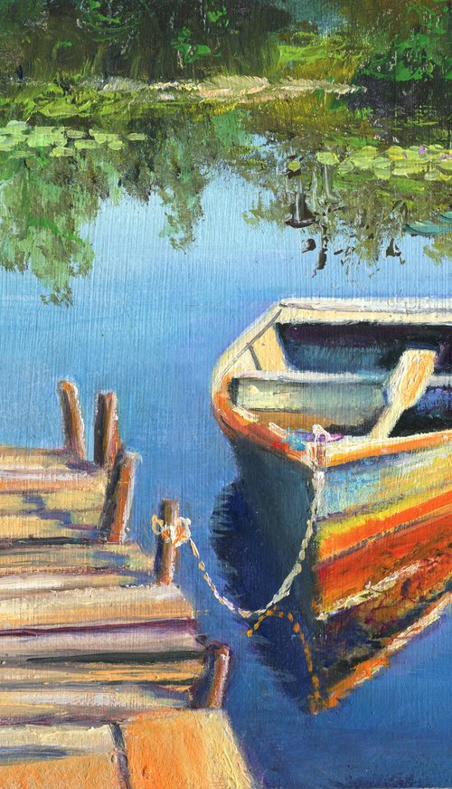 Sunny boat on the lake dock by Lucia Verdejo