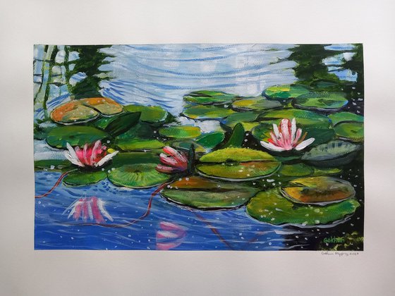 Classic water lilies painting with fluorescent pink