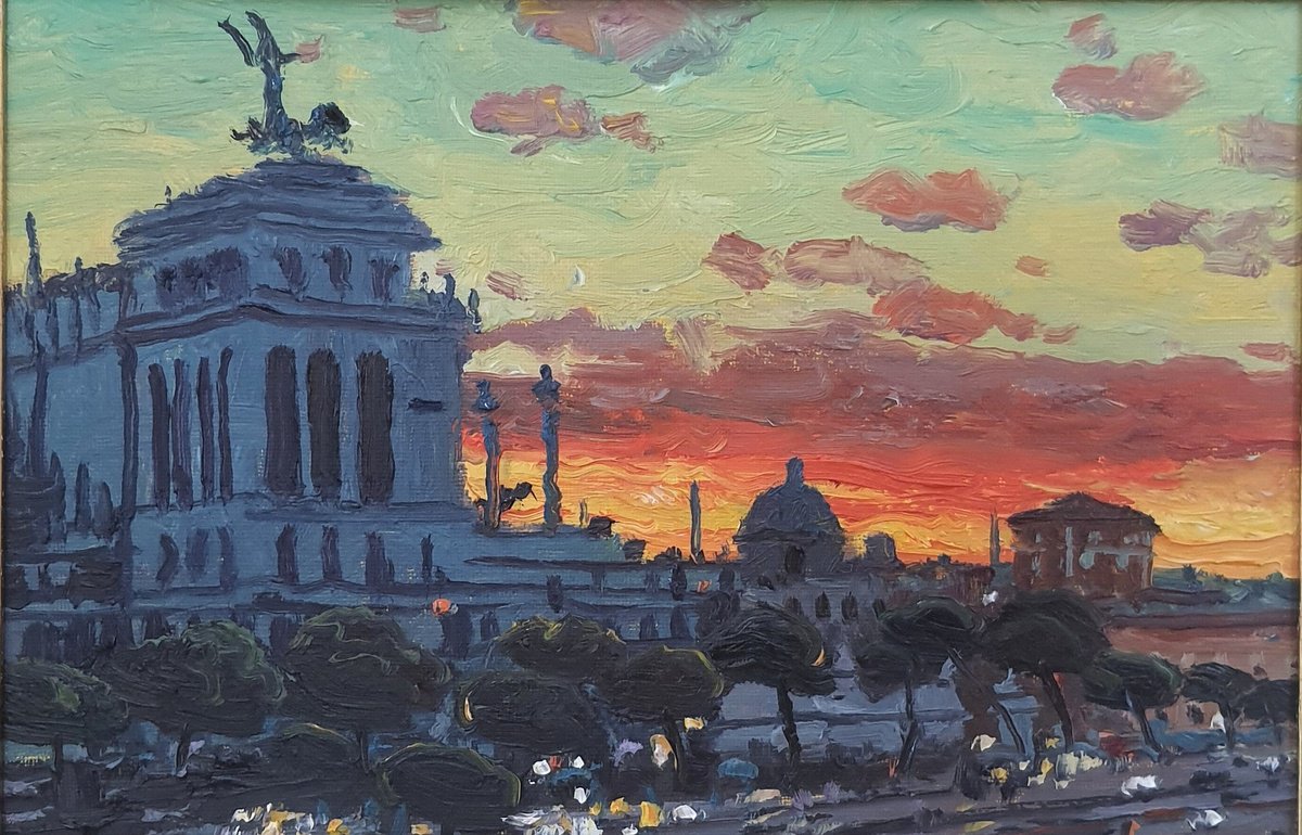 Impressionistic Cityscapes Oil Painting By Roberto Ponte, 12 X 8", Rome The Vittoriano Monument, Original Artwork