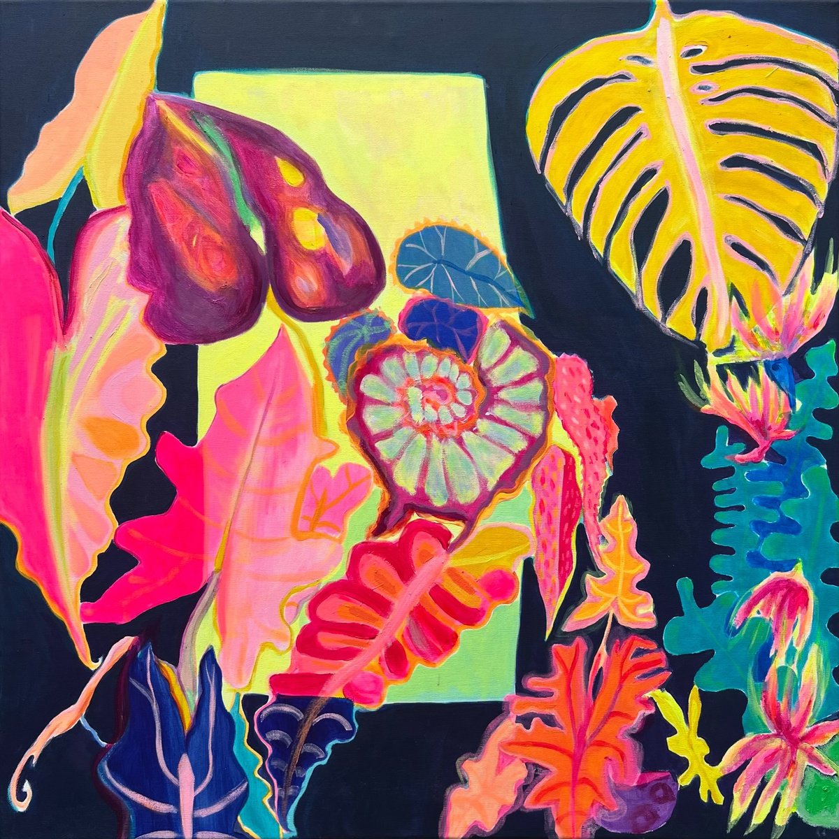 Organic Botanical Acrylic Painting By Kathryn Sillince, 33 X 33", 