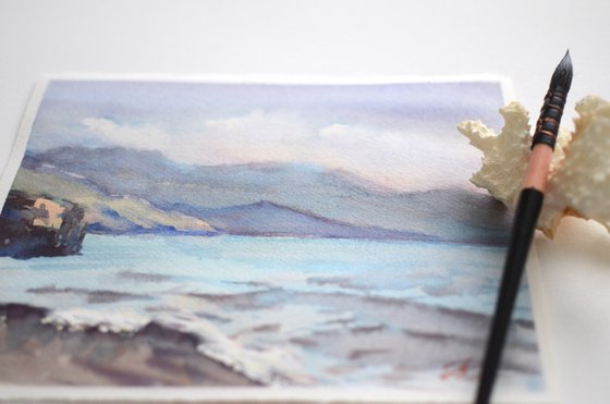 Crete sea and mountains, blue and purple watercolor
