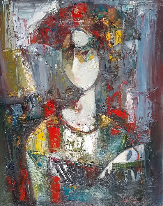 Girl with mask 40x50cm ,oil/canvas, abstract portrait